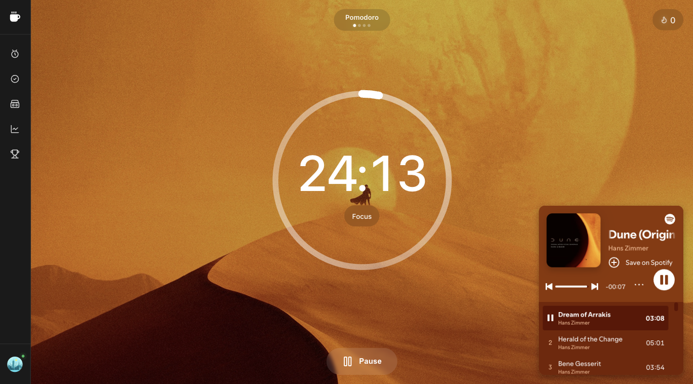 Superfocus timer at 25:00 on a desert focus scene, sidebar closed