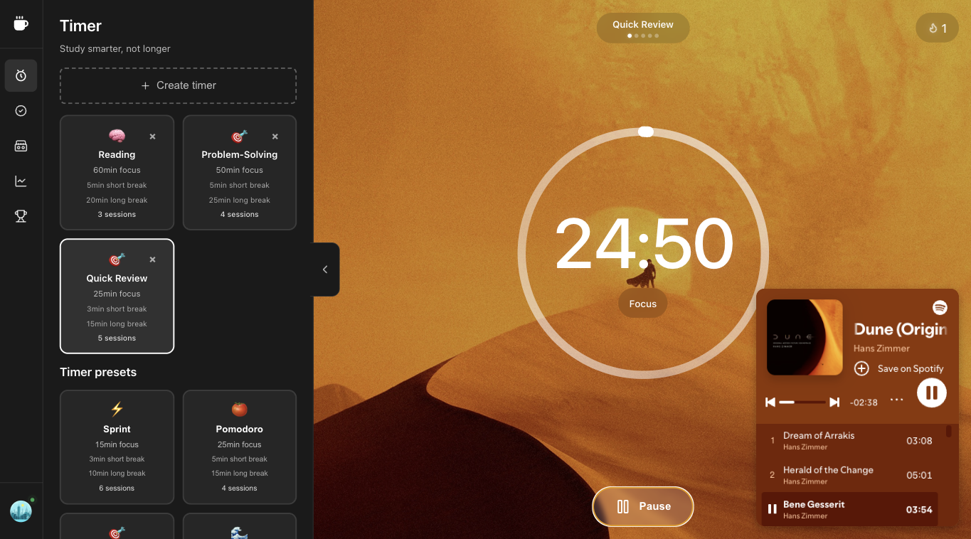 Superfocus timer presets and custom sessions